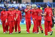 James Anderson (C) of England celebrates taking the wicket of Martin Guptill during the ICC Champions Trophy Group A match between England and New Zealand at the SWALEC Stadium on June 16, 2013 in Cardiff, Wales. (Photo by Michael Steele/Getty Images)